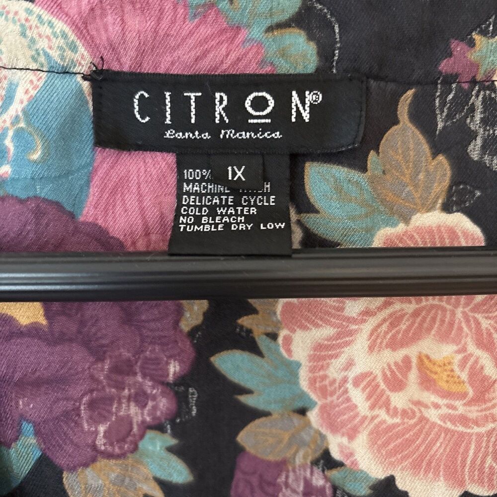 Citron Santa Monica Asian Print Silk Kimono Button Front Blouse Black Pink 1X - Picture 4 of 7